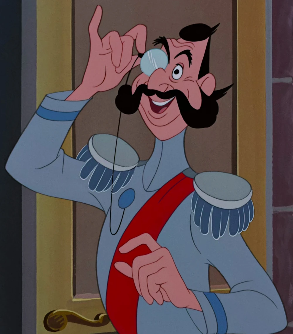 Smiling cartoon officer with monocle and red sash