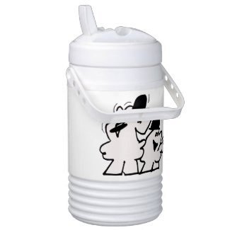 White bottle with black cartoon characters design.